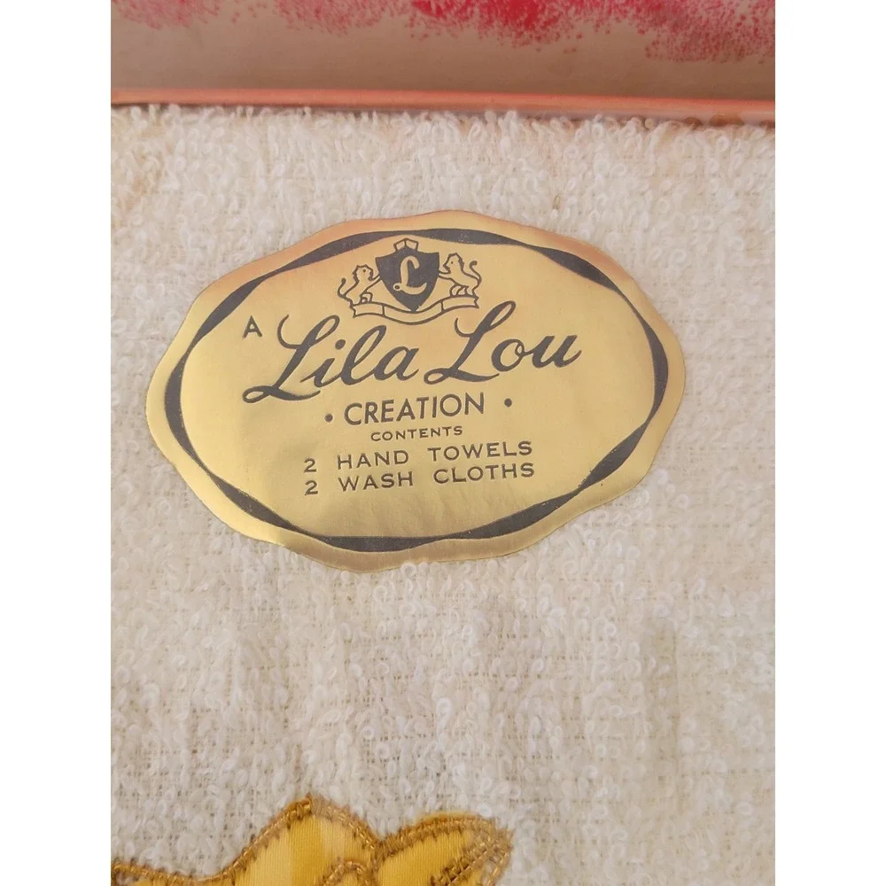 Vintage Lila Lou Decorative Towel Set Yellow Floral 4 Pc Boxed Bathroom Retro!